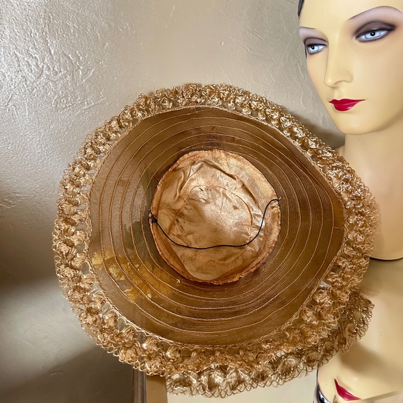 LOVELY LATE 1920s\' GOLD SHEER FABRIC WIDE BRIM HAT + DETAILED EDGING  ON BRIM main image 5